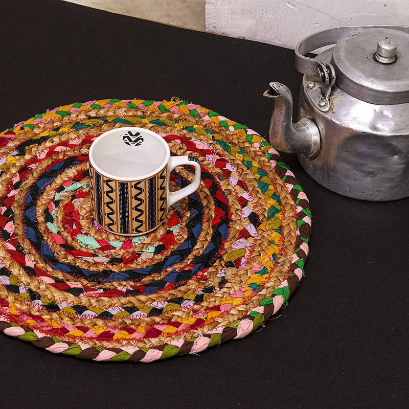Ar Antique Rugs Round Handmade Braided Jute & Cotton Placemats 30 Cm - Dining Table, Bed Side/Centre Table/Shelves