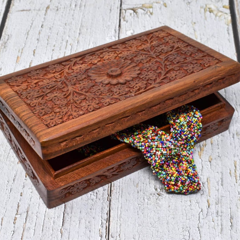 Hand Engraved Wooden Box Keepsake Jewelry Organizer &Storage -10X6 Inch/ Multipurpose Box/ Gift for her