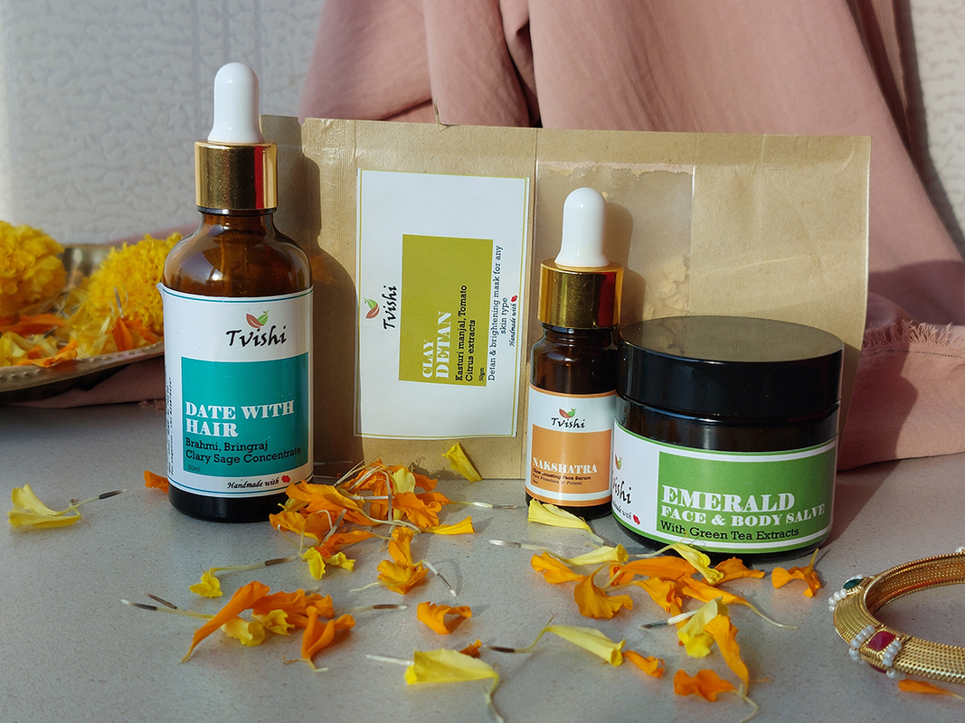 GANGA SNANAM KIT - Date with Hair concentrate / Detan Clay Mask / Nakshatra Glow serum / Emerald Salve